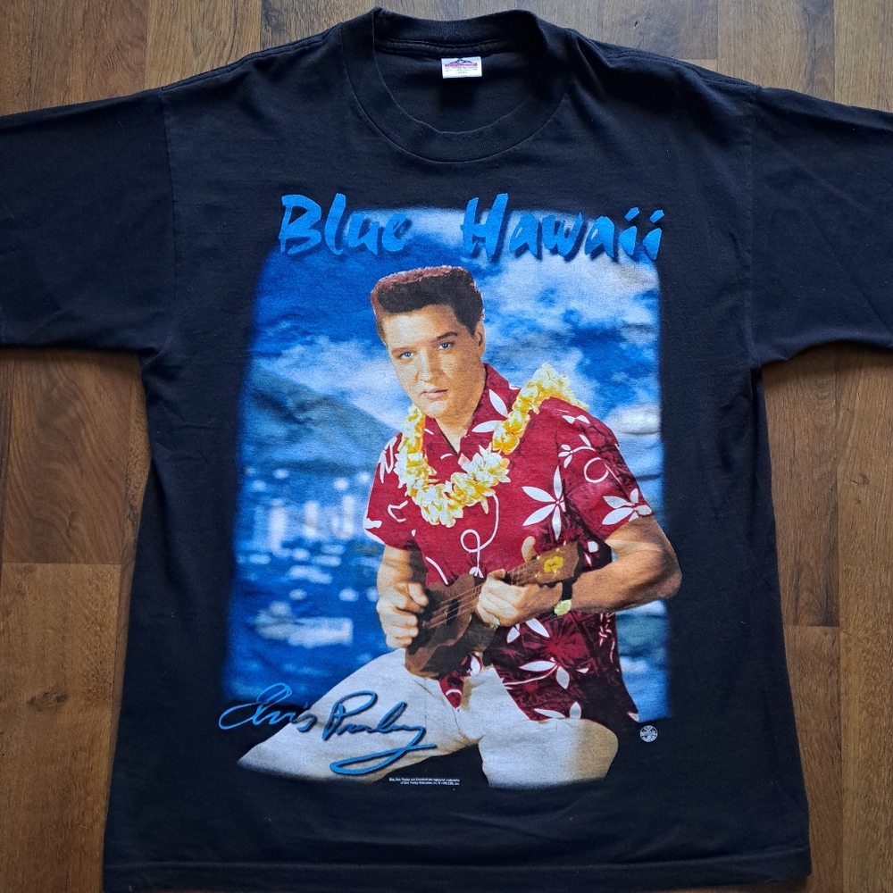 Vintage Elvis Blue Hawaii t-shirt, men's size Large, 1998, black blue red, EUC - Picture 3 of 17